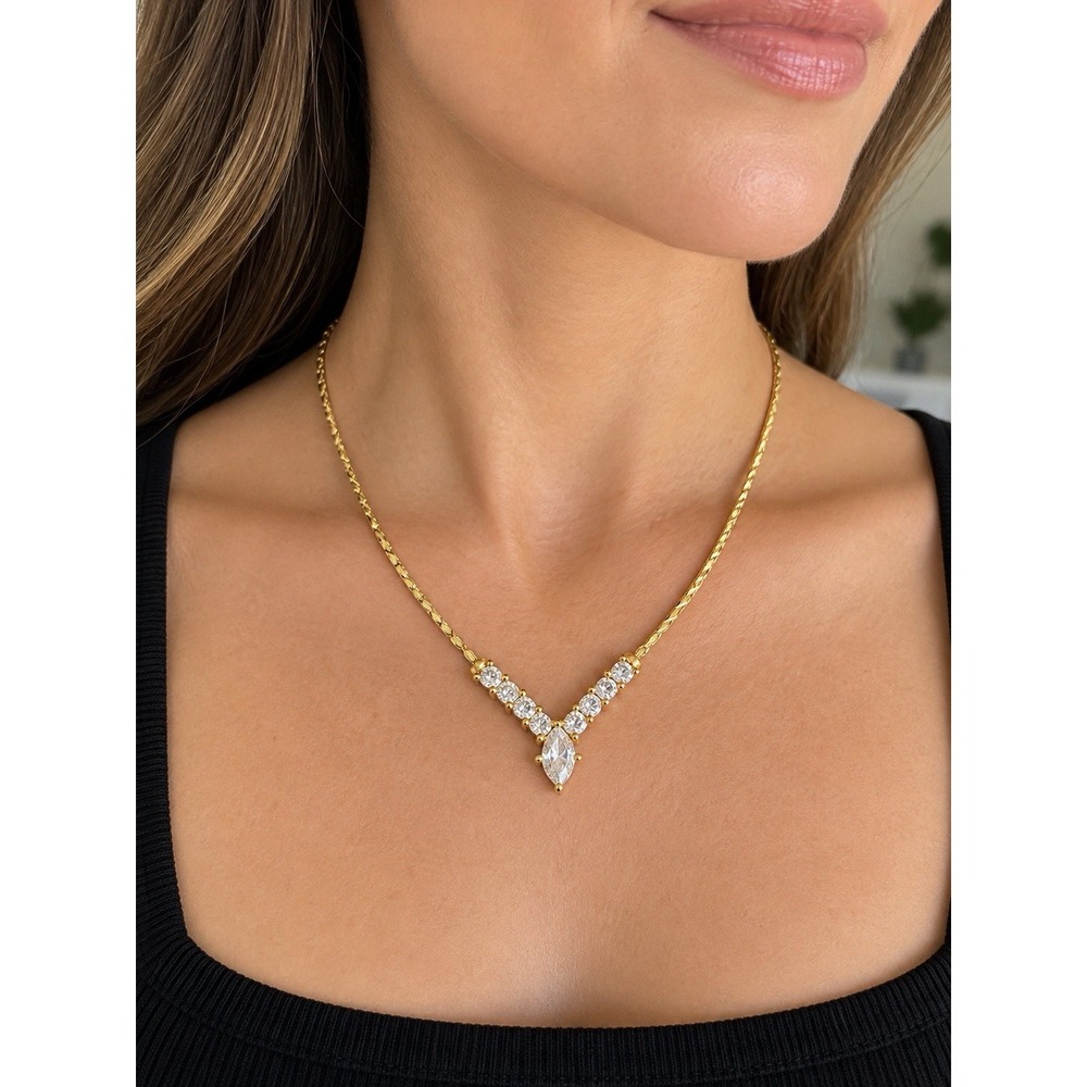 Vintage Christian Dior Necklace Gold Tone Rhinestone Marquise V Pendant 17"